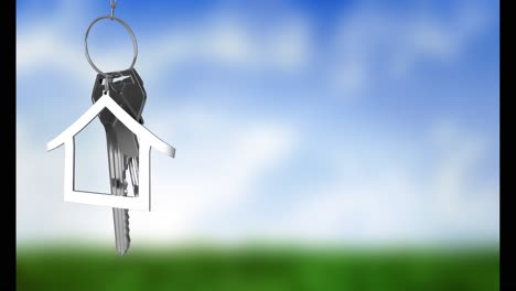 Animation-of-key-with-house-keychain-over-blurred-background