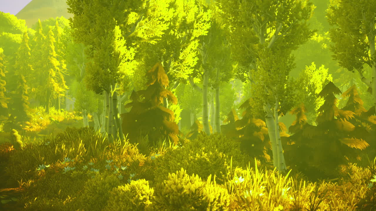 Vibrant sunlight filters through lush green trees in a serene forest setting