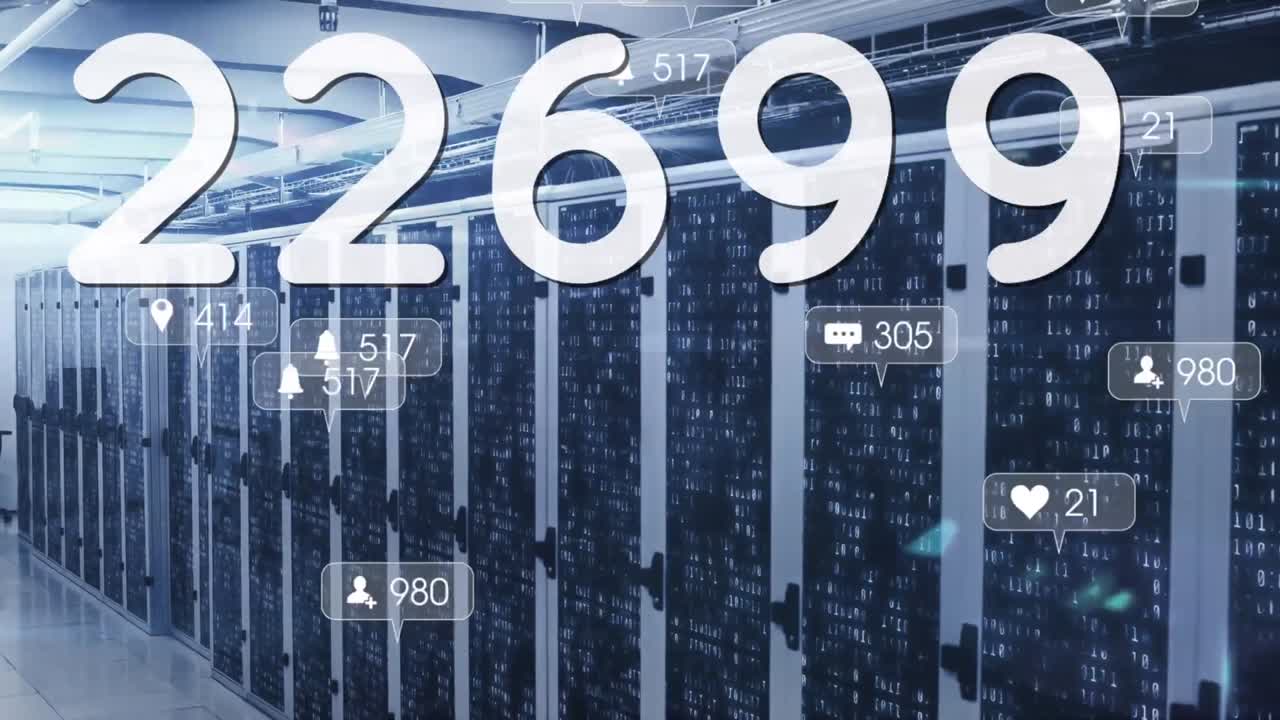 Increasing numbers and digital icons on multiple speech bubbles against computer server room