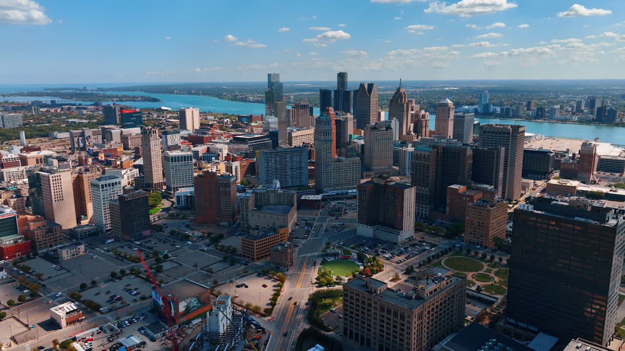 Detroit, USA, 28 July 2025: Downtown Detroit from the east side. Wide aerial panorama of downtown Detroit seen from the east with highways and river views