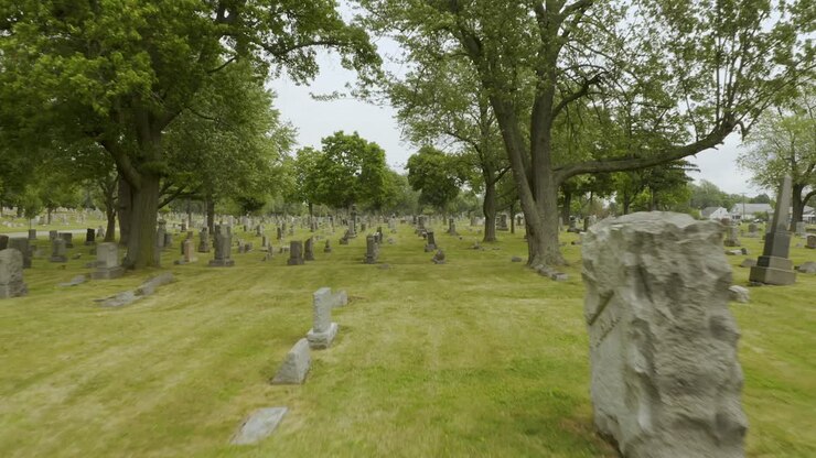 Vista stabile 4K a livello strada del cimitero, drone nel cimitero di Buffalo, vista a piedi, ripresa di una camminata nel cimitero