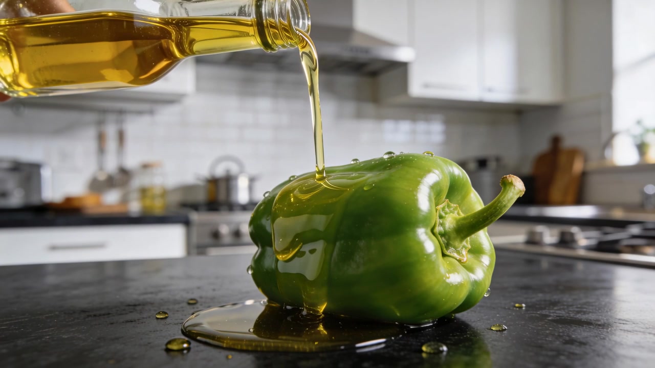 Mano che inclina e versa olio giallo da una bottiglia trasparente su un peperone verde sulla piastra, creando lucentezza.