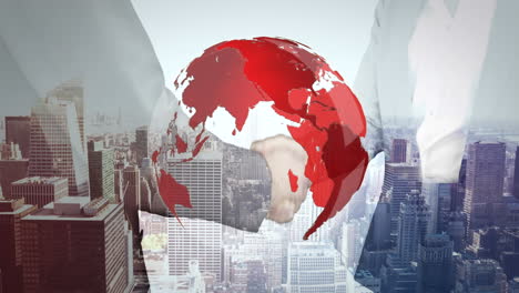 animation of globe over caucasian business people shaking hands and cityscape