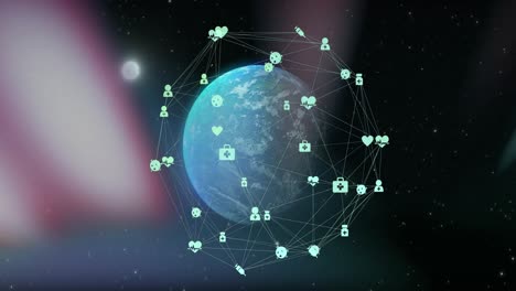 animación de iconos conectados alrededor de un globo giratorio contra el destello de la lente y el círculo iluminado.
