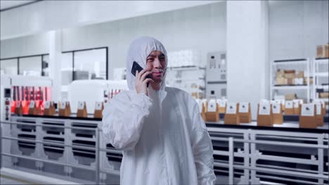 asian male scientist talking on smartphone while standing with conveyor for packaging coffee beans in bags at coffee factory