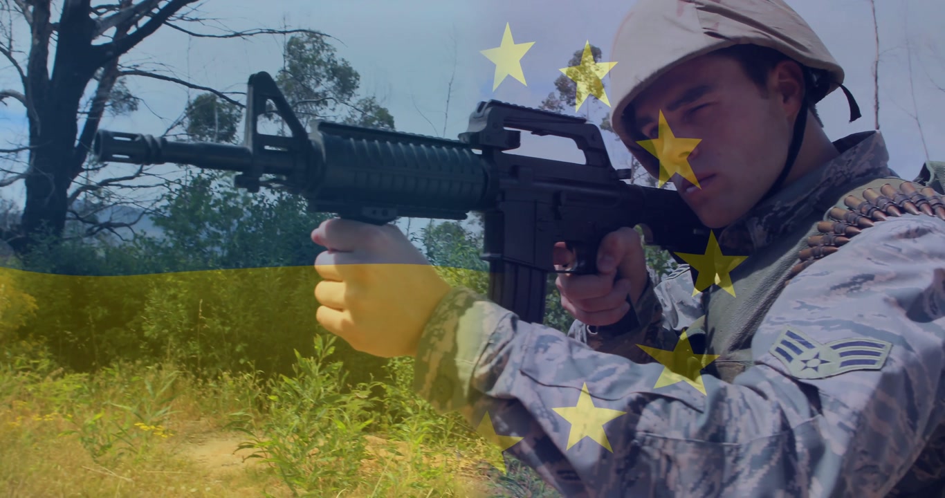 Yellow-blue band and star column overlaying, hand entering, soldier aiming rifle for military drill