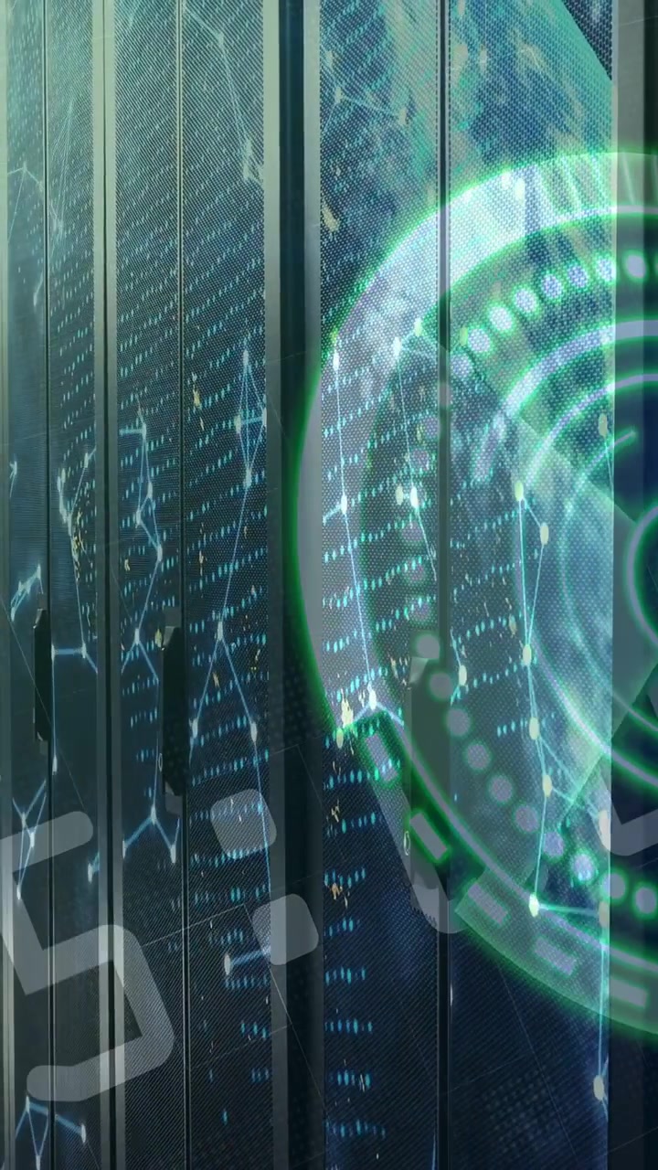 Vertical video: Green HUD sliding from right, pulsing and rotating revealing globe and showing data