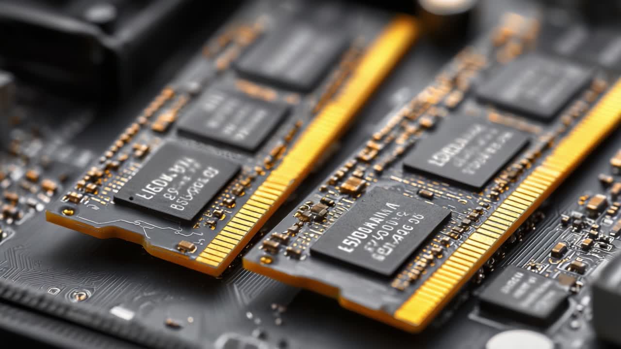 Detailed Close-Up of High-Performance Computer Memory Modules on a Circuit Board, Showcasing Advanced Technology and Precision Engineering for Optimal Efficiency