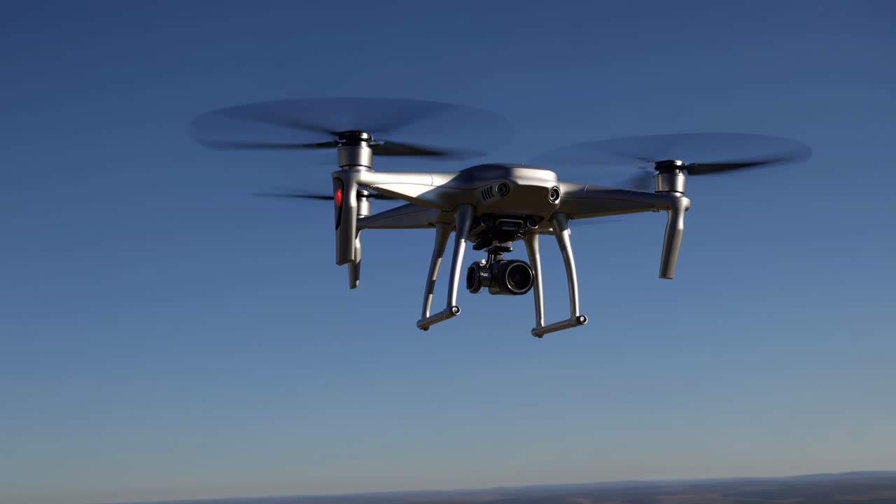 Vista aerea di un drone che vola su un cielo azzurro limpido, mentre acquisisce filmato video.