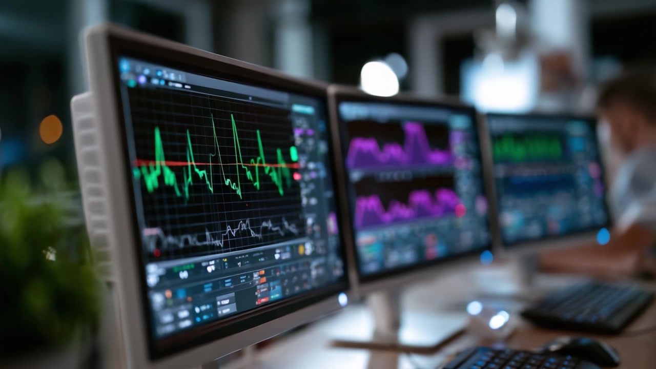 Dynamic Performance Analysis: Multiple Screens Displaying Stock Market Trends and Data Visualization for Financial Decision-Making in a Modern Trading Environment