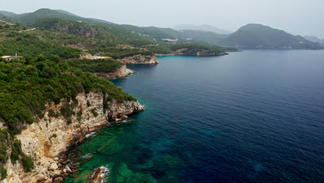 Aerial-drone-view-of-the-rocky-coastline-in-Preveza,-in-the-Epirus-region-in-Greece