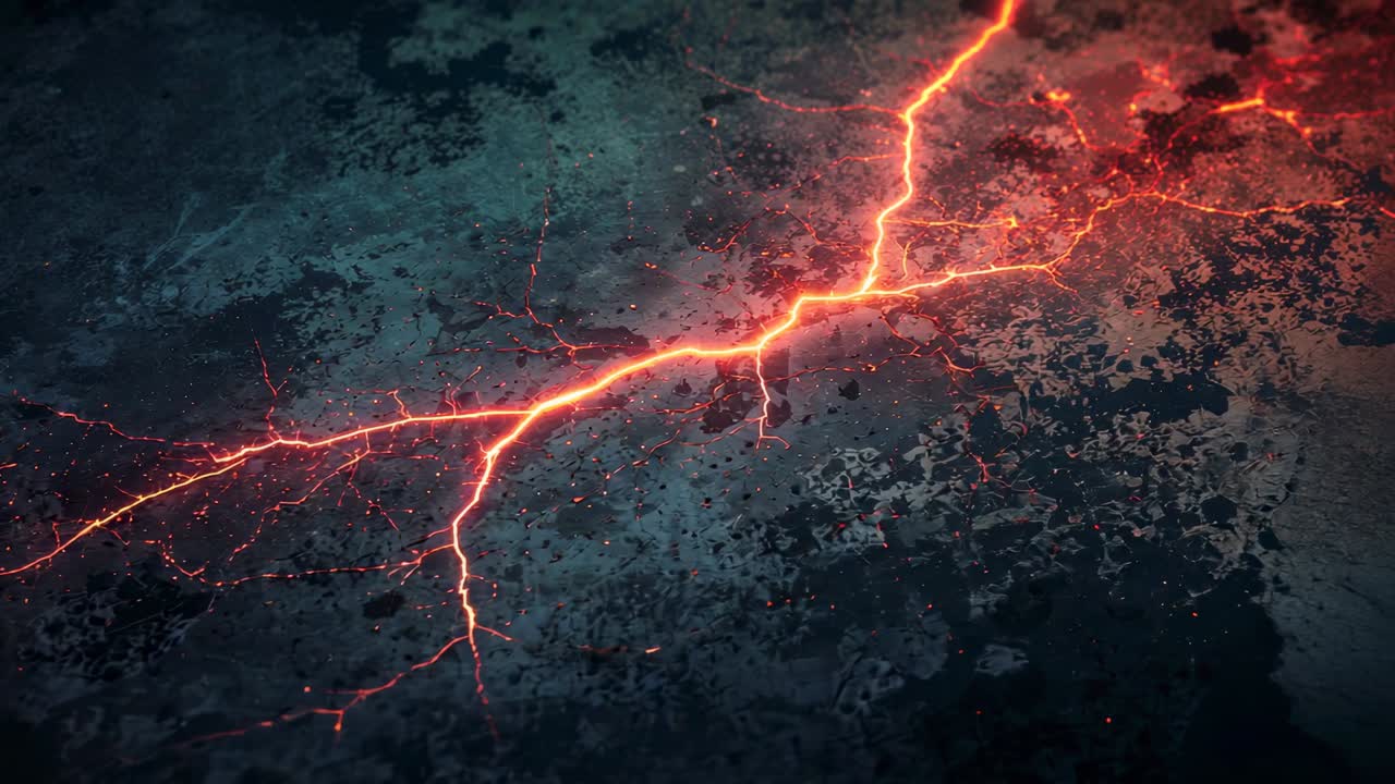 Emerging glowing crack pulsing glow on stone floor with ember sparks flickering signaling heat rise