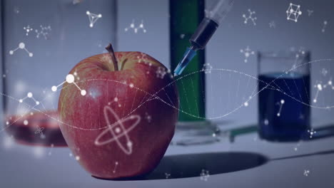animación de adn y estructuras de elementos sobre jeringuillas de inyección de manzana en el laboratorio