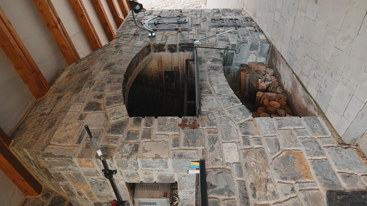 Stone restaurant barbecue firewood open brick oven cooking food dishes on fire indoors in backyard