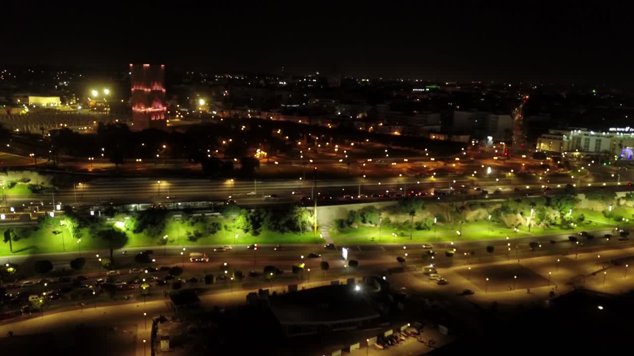 The streets of Rabat at night and the Hassan Tower in Morocco.
