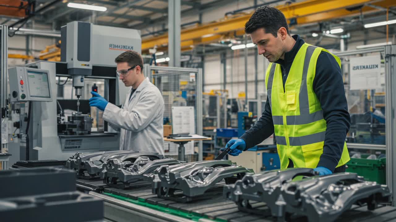Manufacturing Precision: Workers Inspecting Auto Parts for Quality Control in a High-Tech Industrial Facility with Advanced Machinery
