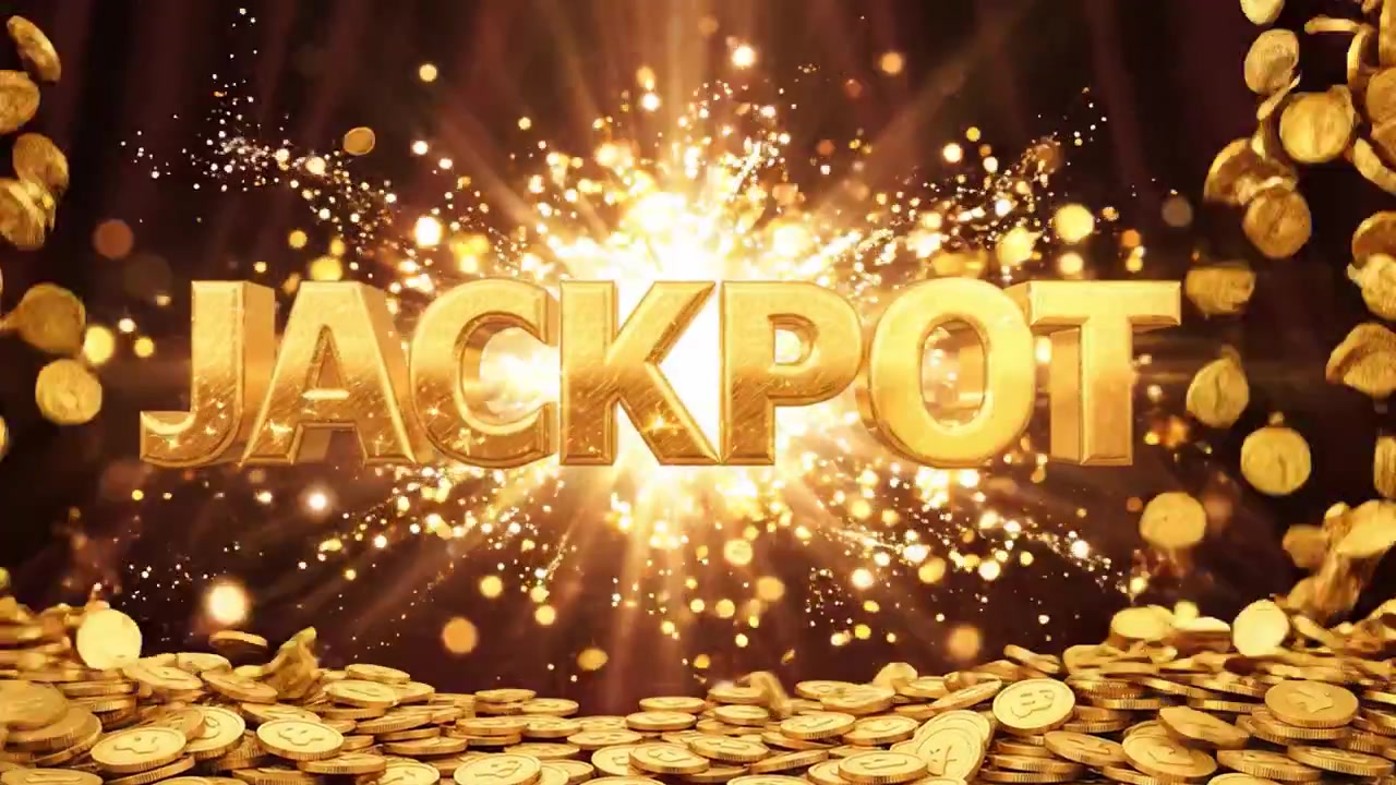 การระเบิดของเหรียญทองที่สวยงามตระการตาพร้อมกับการแสดงคำว่า 'JACKPOT' ที่โดดเด่น จับภาพความตื่นเต้นและเร้าใจของการชนะรางวัลใหญ่และโชคลาภในการเล่นเกม