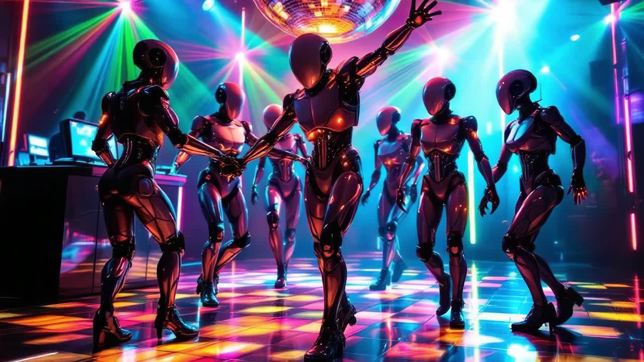 Weibliche Roboter tanzen energisch in einem lebhaften Nachtclub, umgeben von einem DJ, einer funkelnden Discokugel und pulsierender elektronischer Musik.