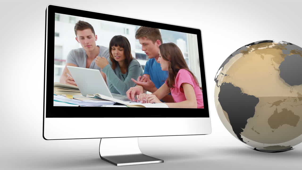 videos de estudiantes en dispositivos con una imagen de la tierra cortesía de nasa.org