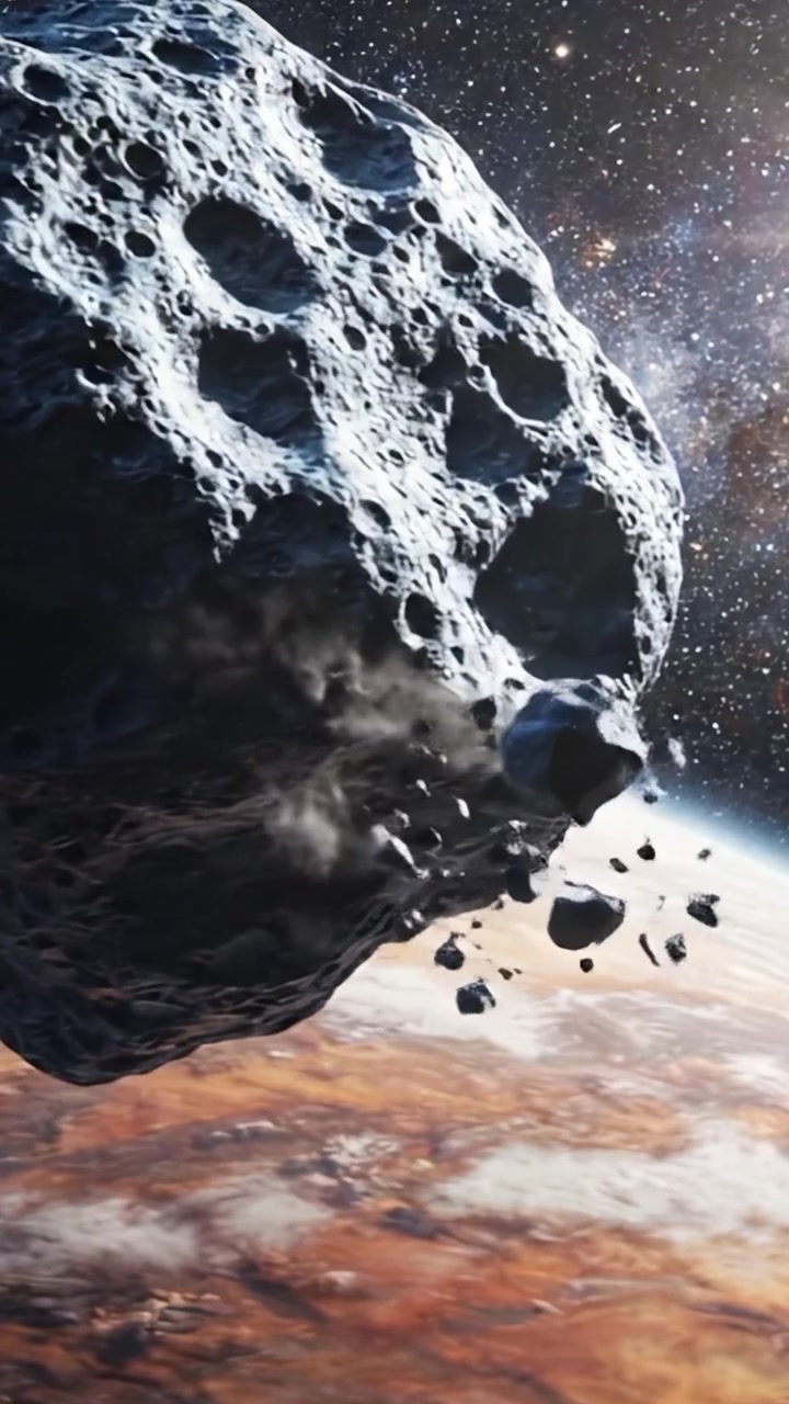 Splendido Primo Piano di un Asteroide Massiccio in Orbita Attorno a un Corpo Celeste nello Spazio Profondo, che Mostra i Dettagli della Sua Superficie e la Bellezza del Cosmo.