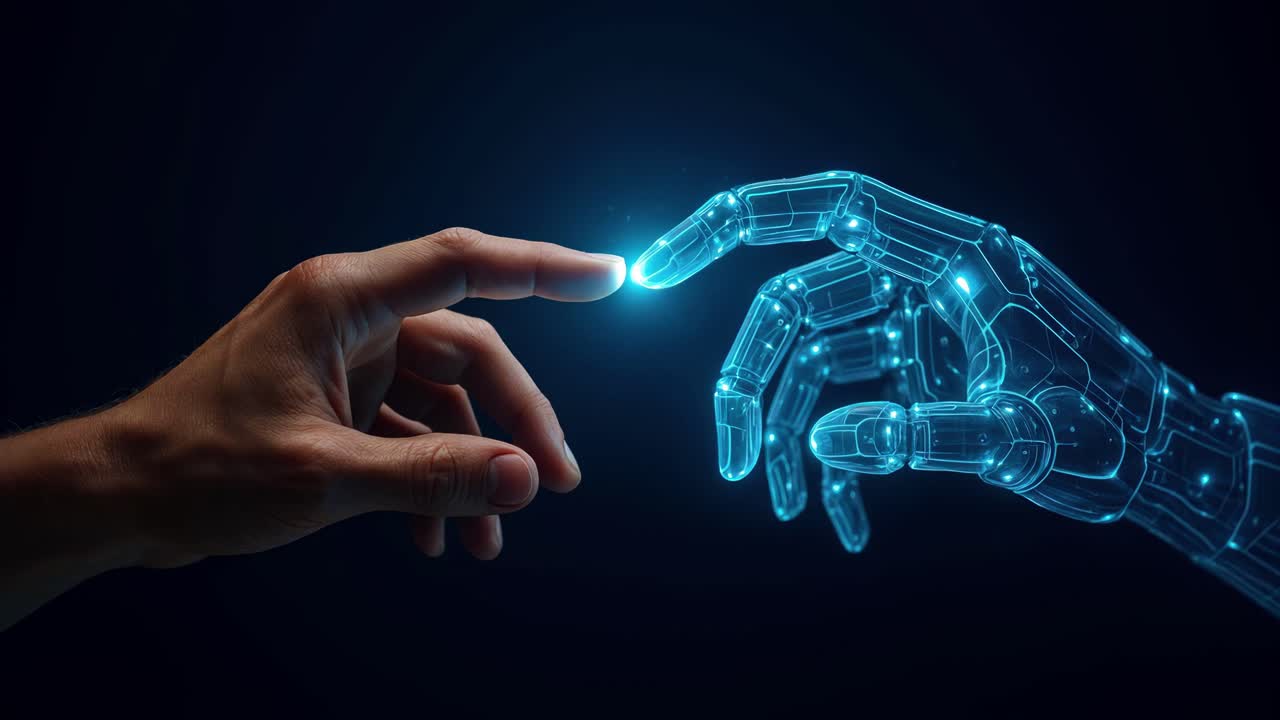 A futuristic concept of human and robotic hands reaching out, captured from a side angle