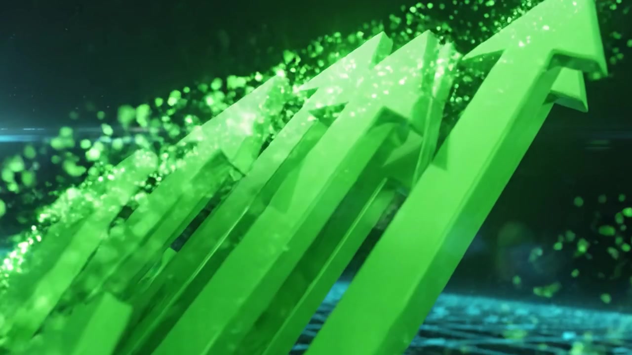 Dynamic Green Arrows Representing Growth and Progress in a Futuristic Digital Landscape, Symbolizing Advancement and Success in Various Sectors