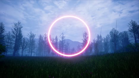 red light circle logo frame in the rainy and lightning forest