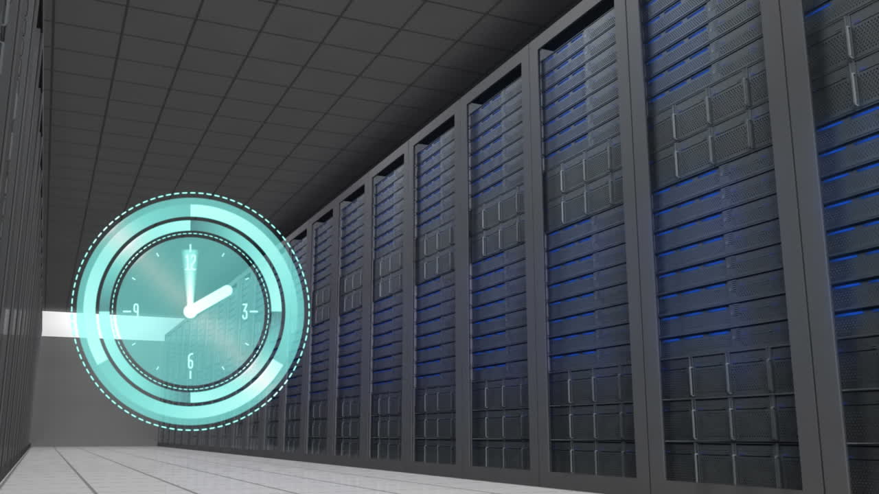 Animation of clock moving fast over tech room with computer servers