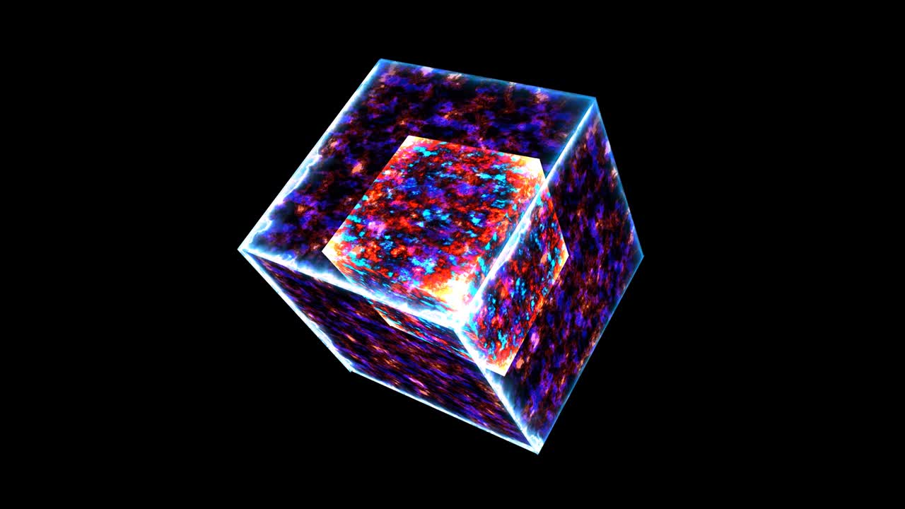 poderoso cubo de hielo mágico fusión y poder violeta superficie de energía misteriosa y cubo de llama eterna en el núcleo