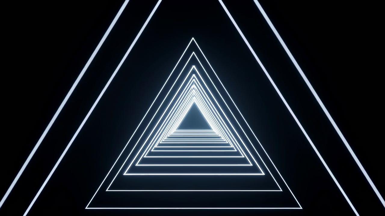 Futuristic Neon Triangle Tunnel Glowing With Pulsing Outline Lights, Infinite Mirror Reflection, Dark Stage