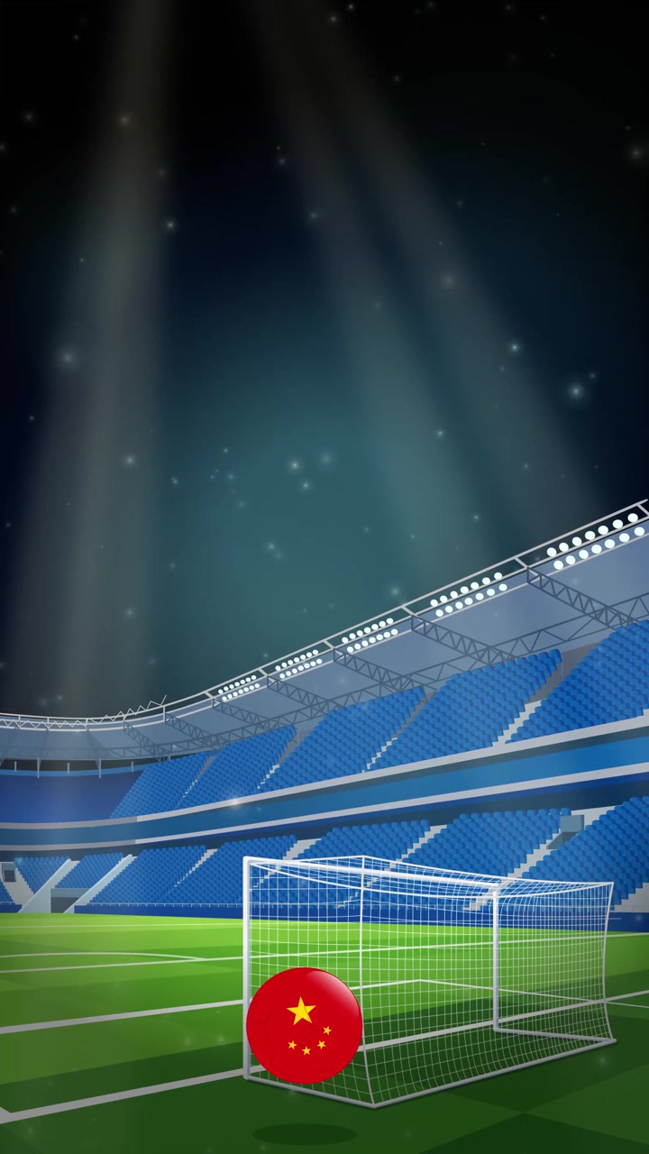Vertical animation of a China flag soccer ball bouncing across a floodlit night stadium.