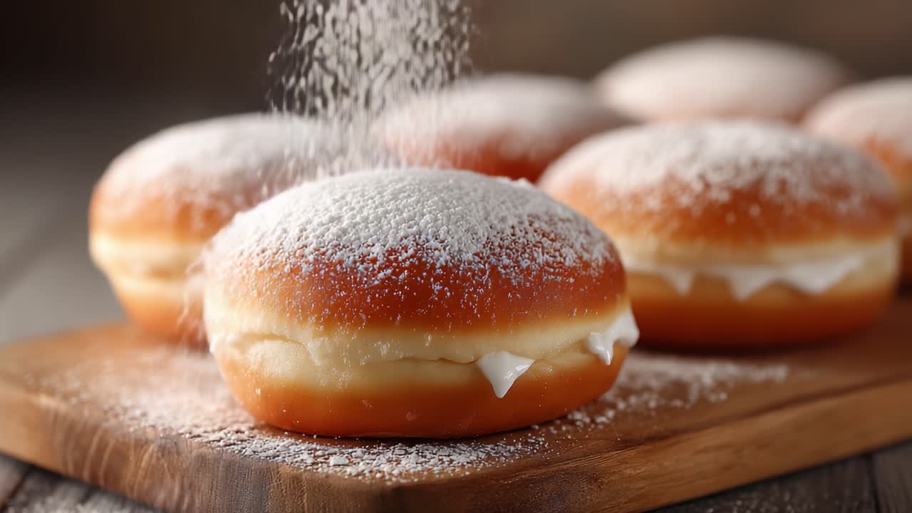 Dekadente, cremefüllte Donuts mit Puderzucker bestäubt: Eine verlockende Leckerei, die mit jedem köstlichen Bissen zum Genuss von Süße und Textur einlädt.