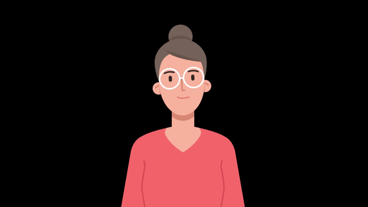 립 동기화 얼굴 애니메이션: 여성 캐릭터의 머리가 말하고, 교사, 평평한 스타일의 루프 애니메이션 영상, 입과 입술 표현, 알파 채널과 함께 발음