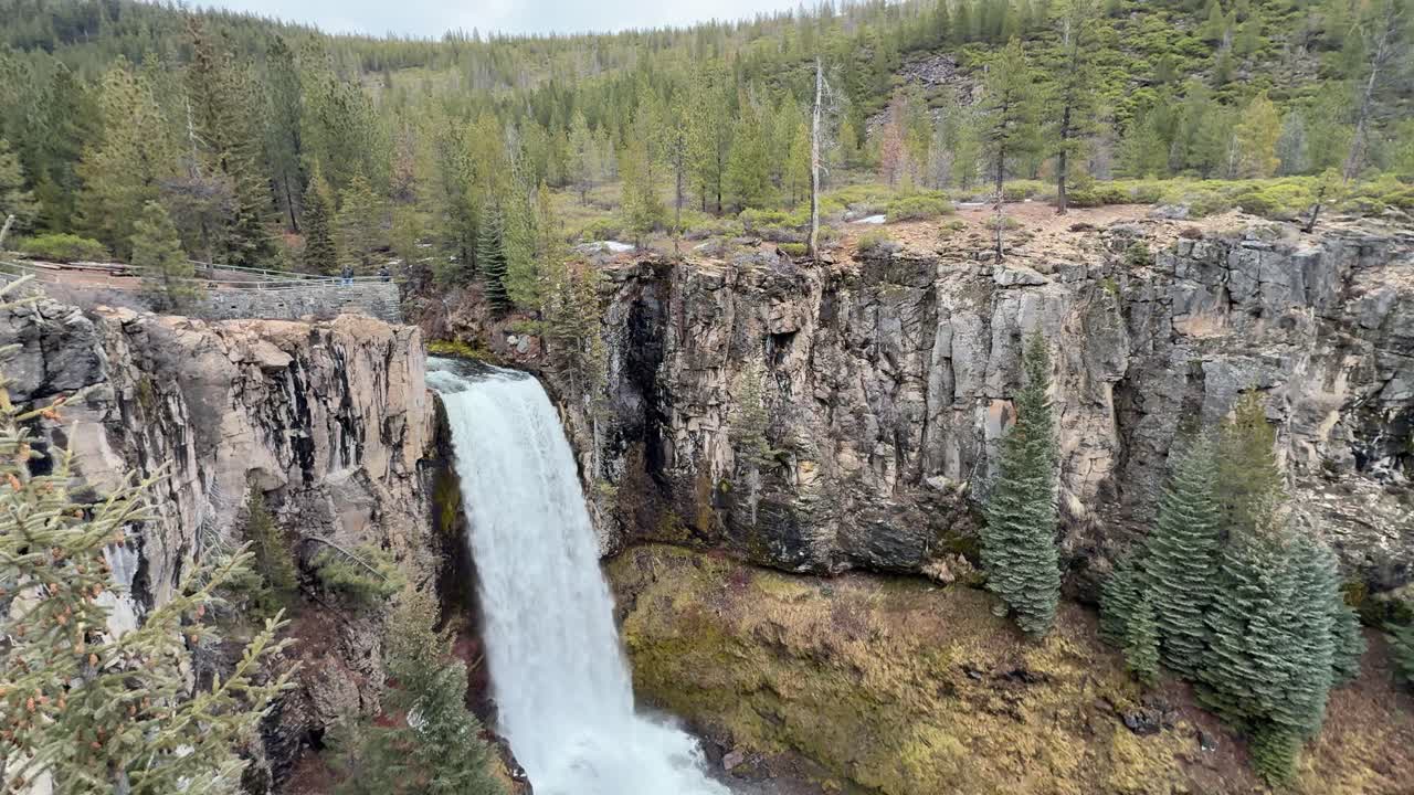 Vidstrakt utsikt over Tumalo Falls i Oregon, med fossefall, frodig skog og robust landskap fra Pacific Northwest; natur, reise, utendørs