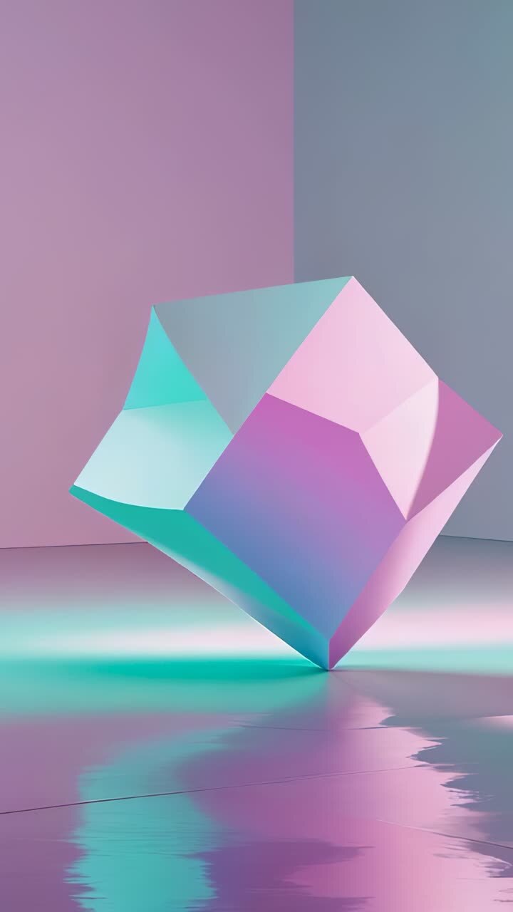 Vertical video: Balancing pastel gradient cube rotating on vertex atop shiny floor in studio corner