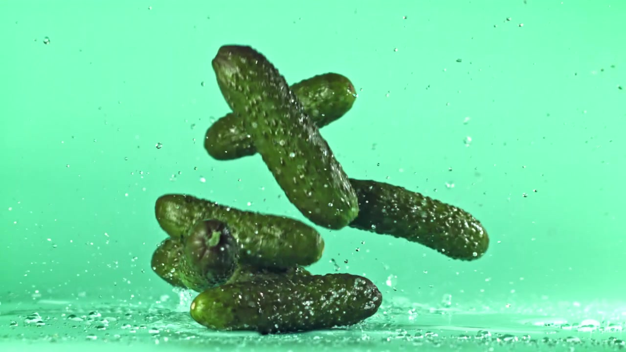 Cetriolini freschi che cadono su una superficie verde bagnata al rallentatore.
