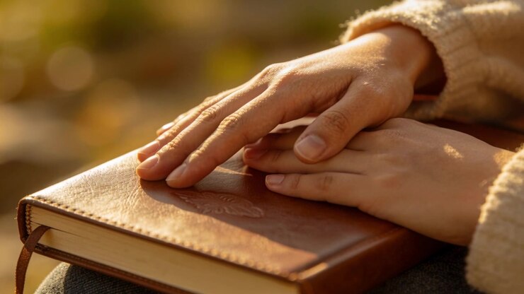 Landing hands in cream knit adjusting on leather journal embossed leaf ribbon on denim lap outside