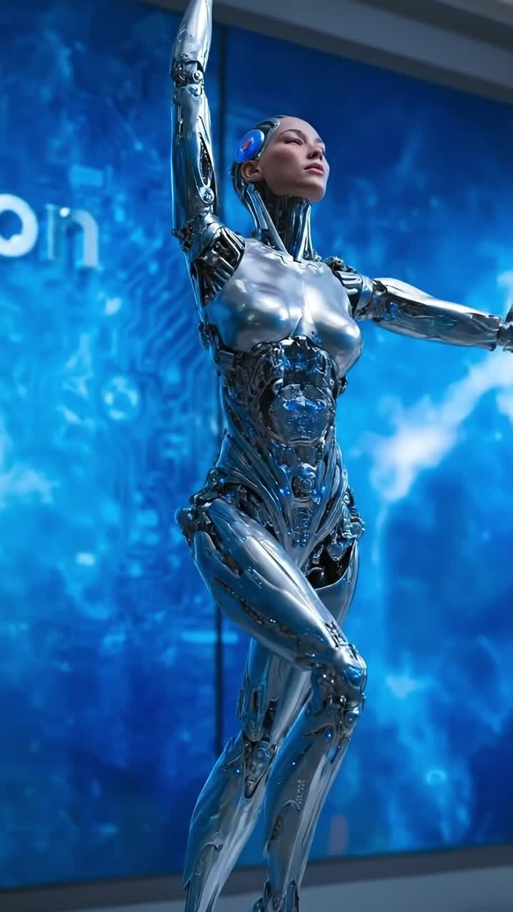 Elegant Female Android Performing Artistic Pose at Exhibition