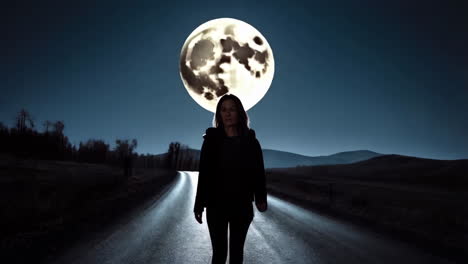 woman on a moonlit road at night