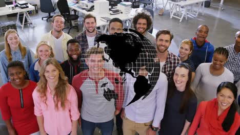 animation of rotating globe over happy successful group of diverse business colleagues