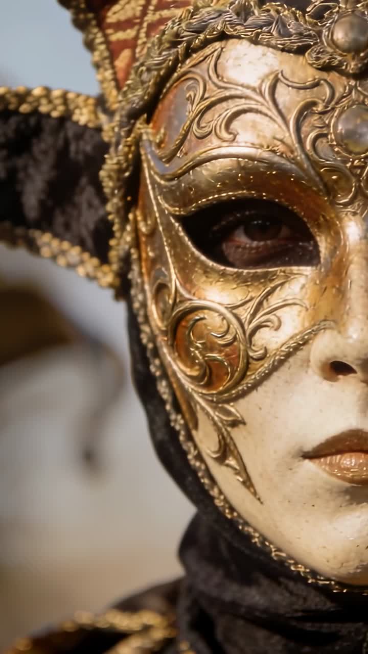 Video verticale: Telecamera in movimento, donna mascherata che guarda la piazza, maschera d'oro e copricapo, spazio per il testo