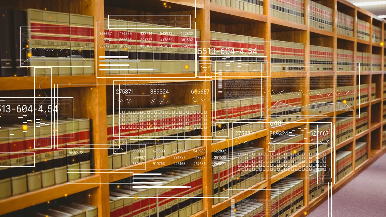 White scan frames initiating shelf scanning over wooden bookshelves, indexing legal volumes