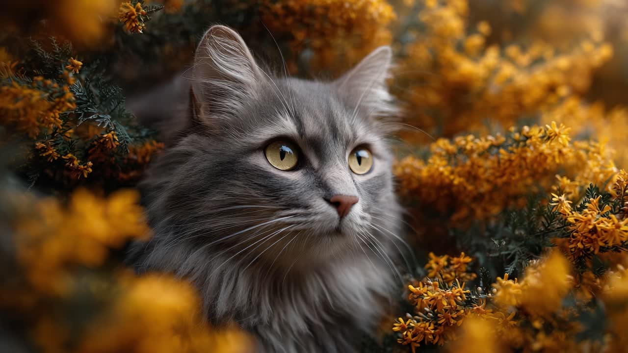 Enchanting Gray Cat Posing Gracefully Amidst Vibrant Golden Flowers in a Magical Garden Setting
