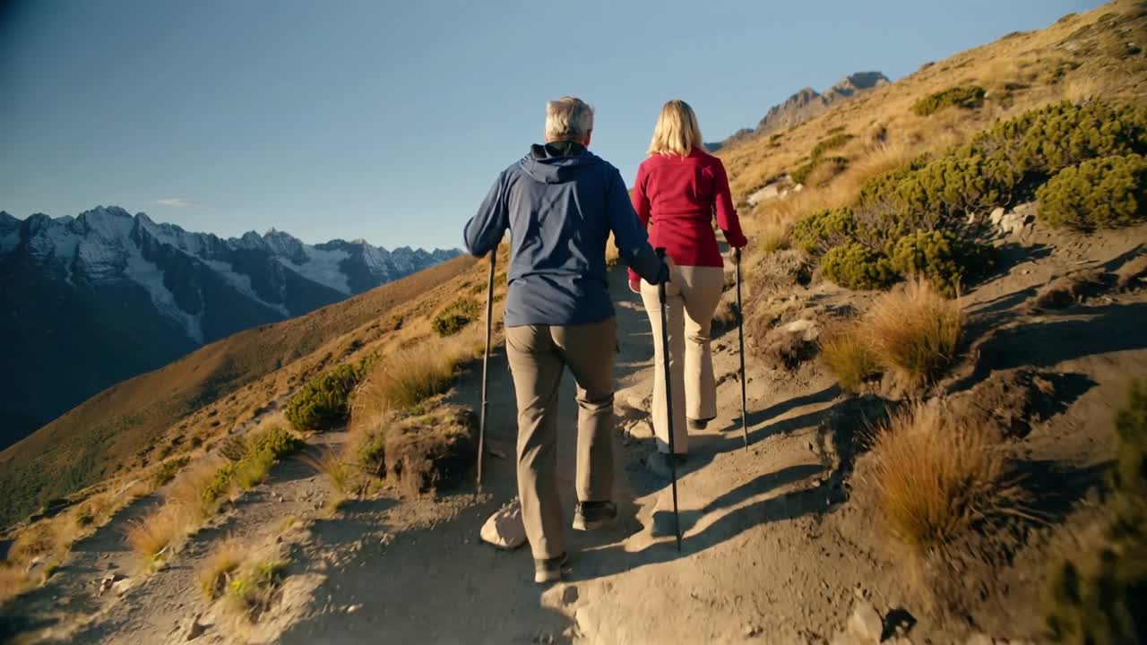 Coppia anziana in escursione con giacche blu e rosse che inizia la salita all'alba verso il crinale usando bastoncini da trekking