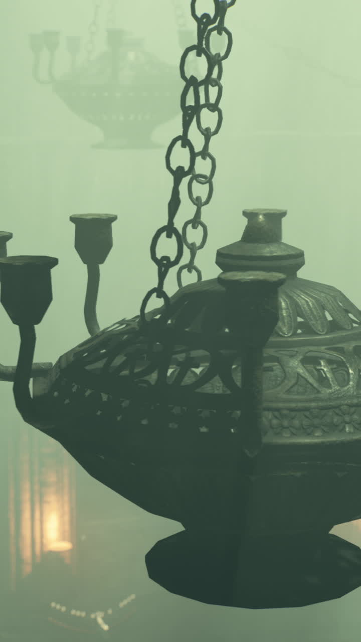 희미하게 조명 된 방 에 매달린 화려 한, 구식 의 불 의 클로즈업