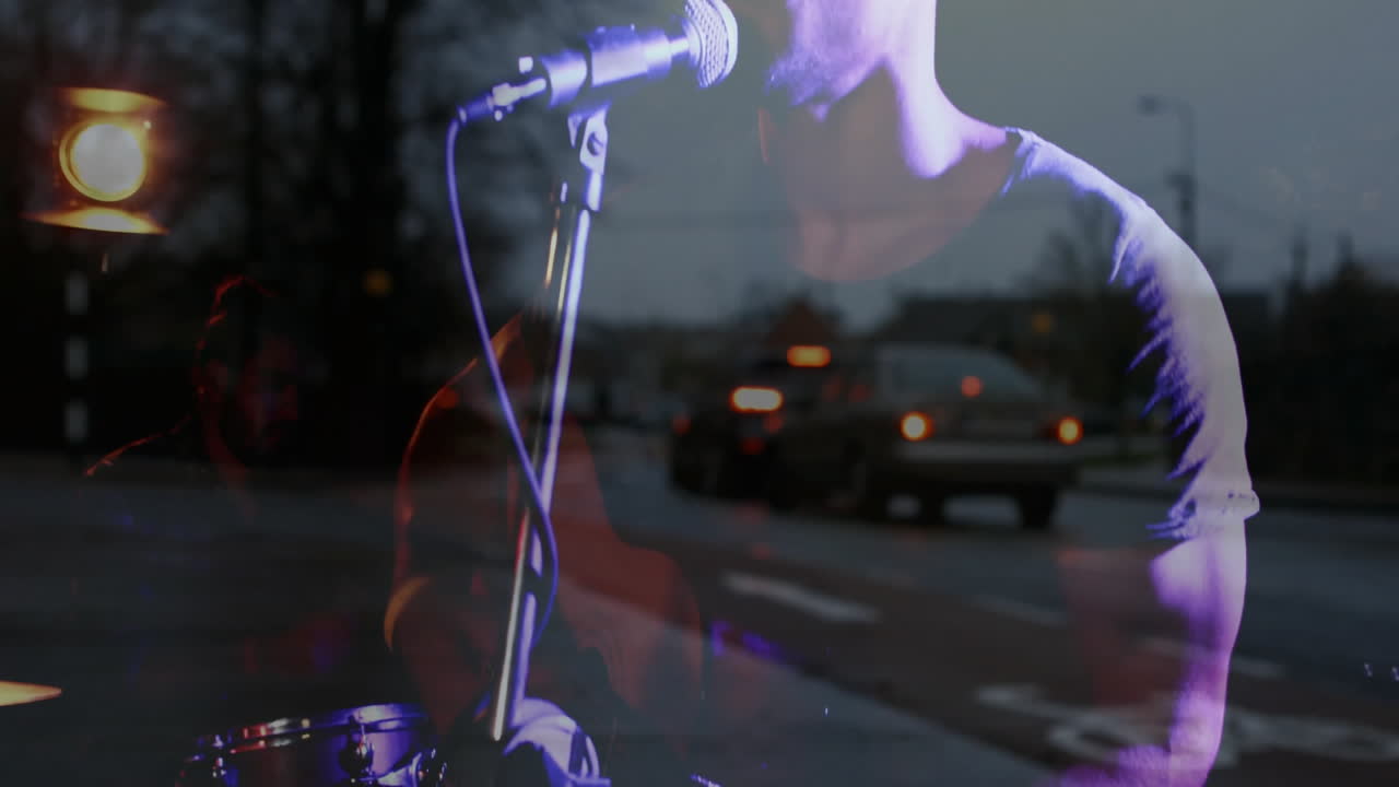 Playing guitar and drums, musicians animation over cars on road at dusk