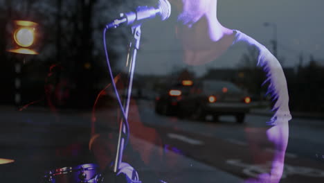 playing guitar and drums, musicians animation over cars on road at dusk