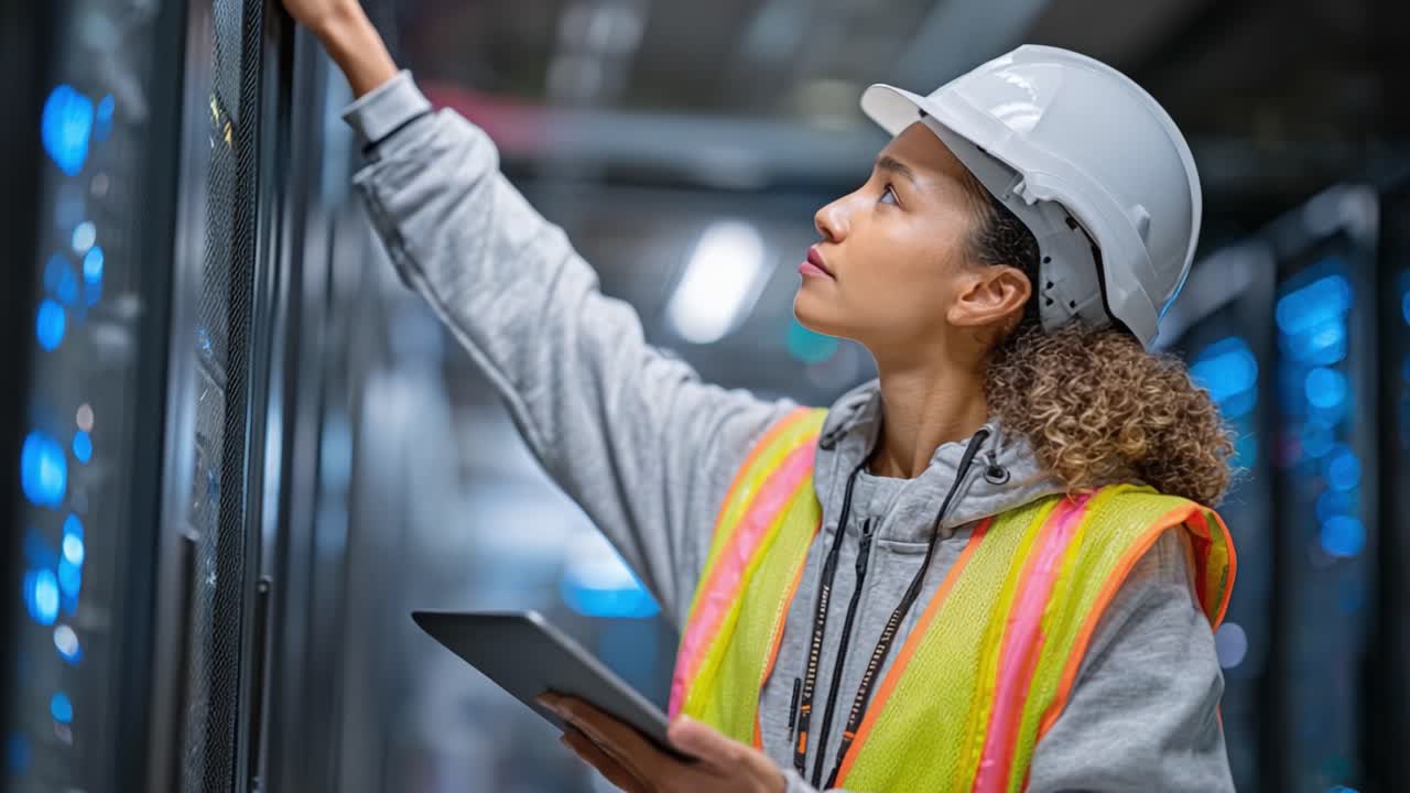 Tecnico concentrato monitora l'attrezzatura server nel data center, analizzando le prestazioni e garantendo funzionalità ottimali indossando dispositivi di sicurezza e un cappello.