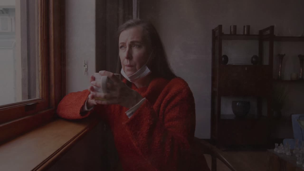 Animation of moving background over sad senior caucasian woman with coffee