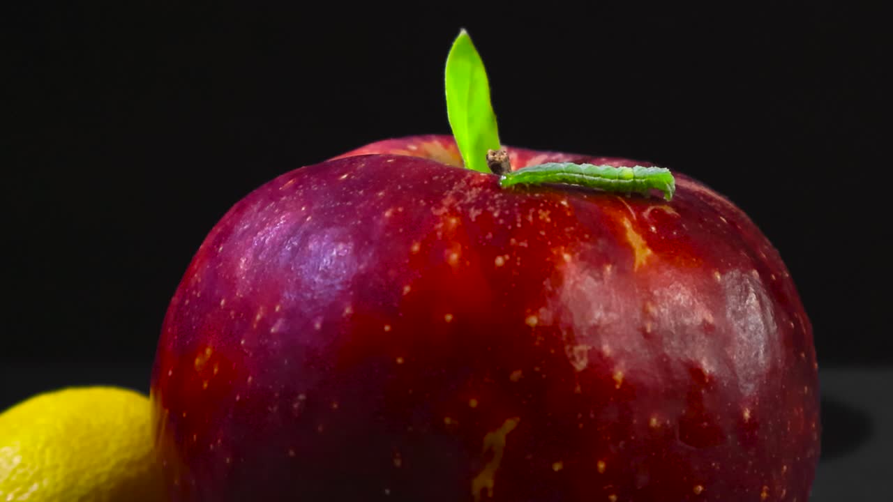Close up view of a green soft and cute butterfly caterpillar worm crawling around on a red apple searching for food in slow motion. Filmed in front of a black studio background, yellow lemon visible